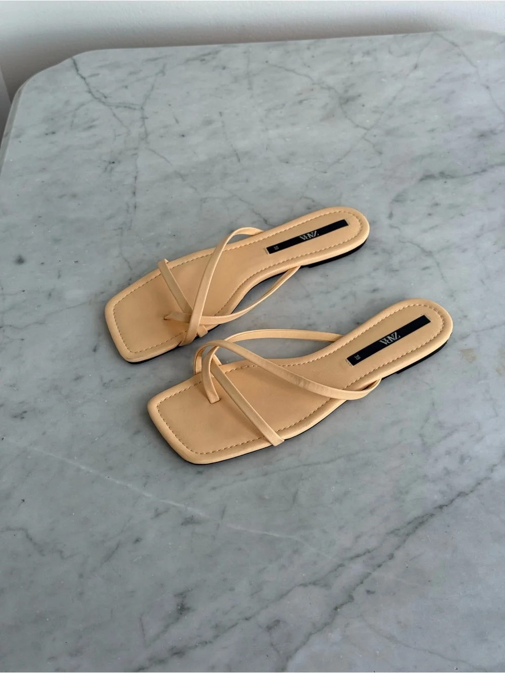 ZARA Nude Minimalist Strappy Flat Sandals Square Toe Beige Size 8 - Picture 5 of 5